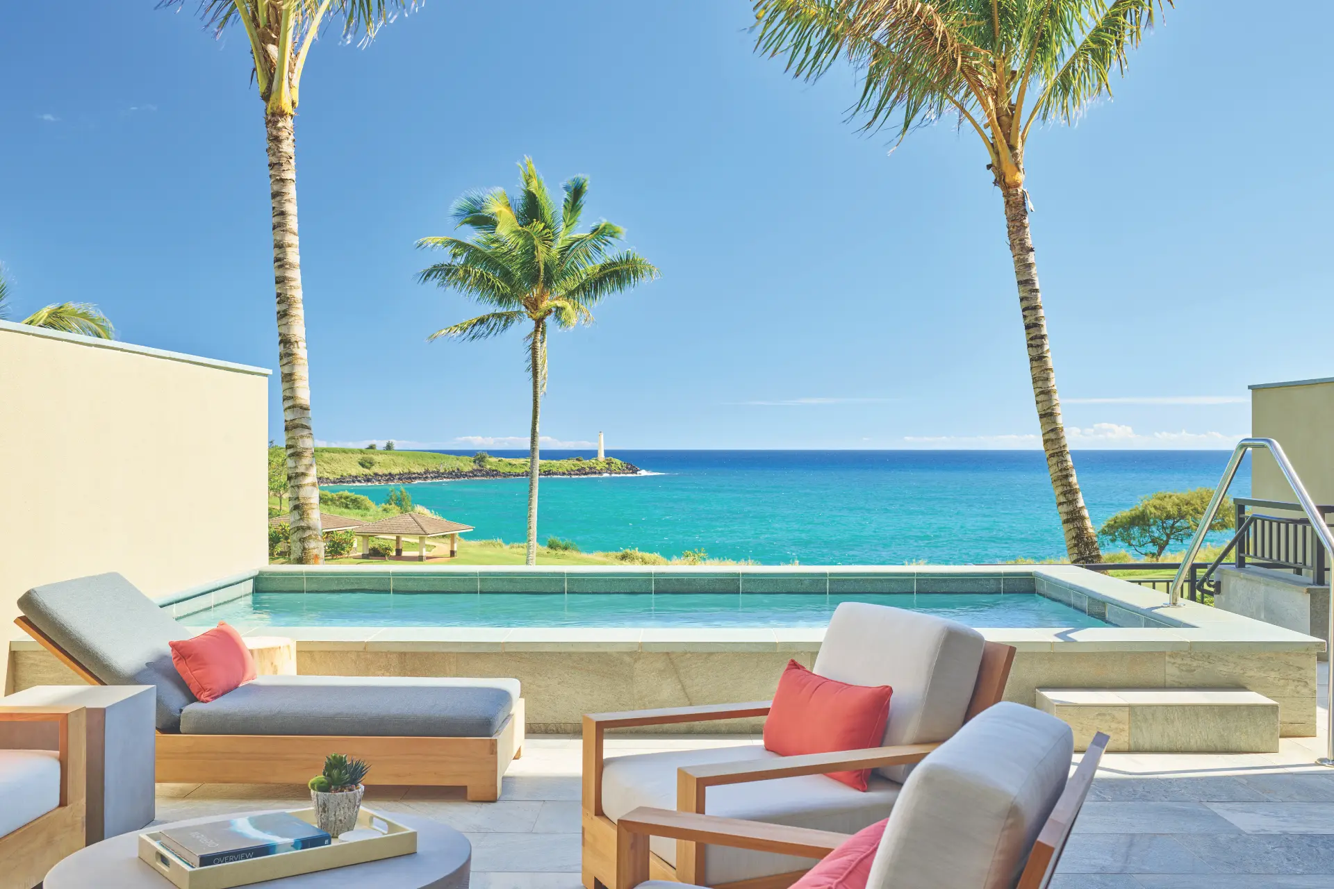 Private pool and lanai overlooking the ocean and Nāwiliwili lighthouse at Timbers Kauaʻi