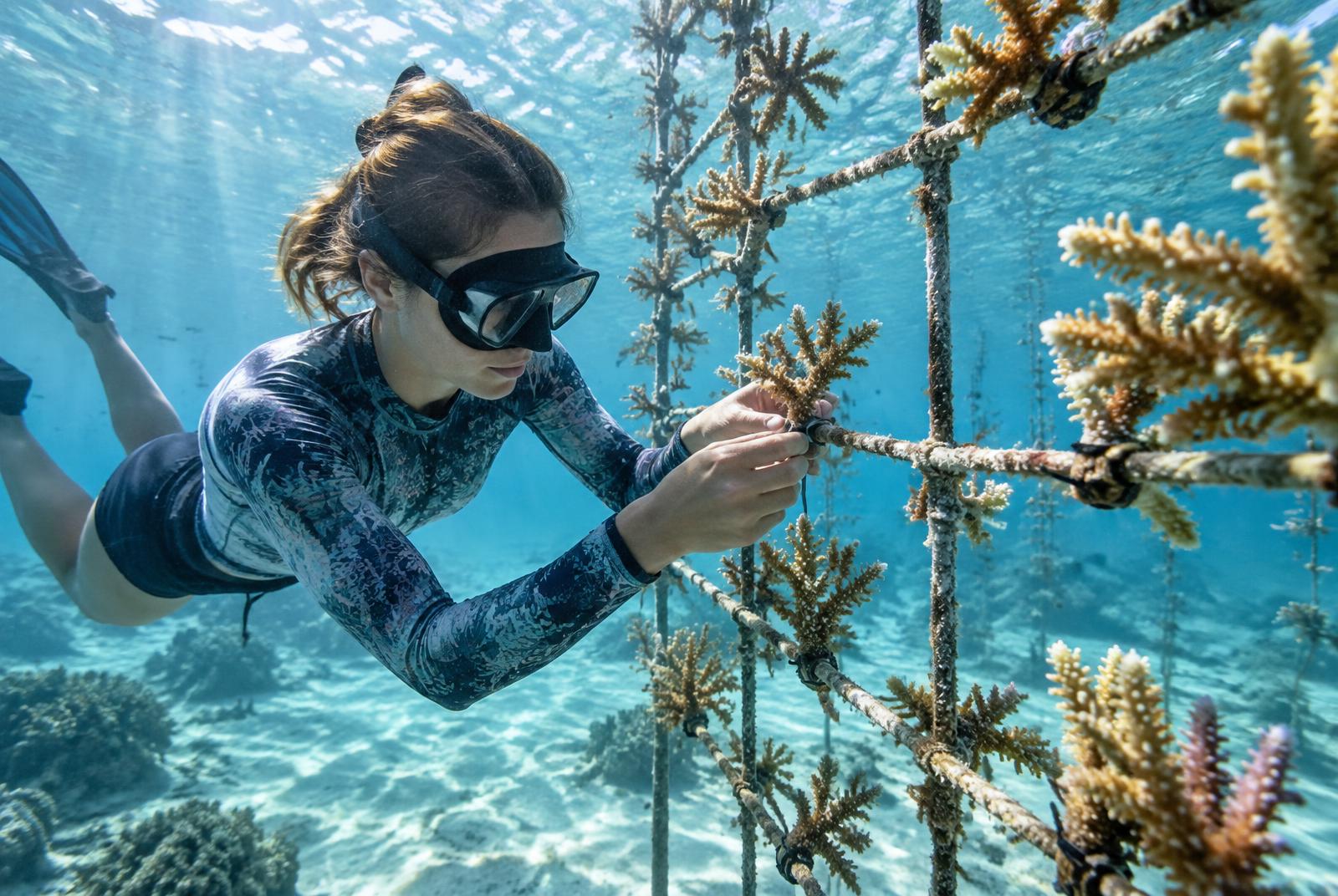 Illustration of coral reef restoration work in tropical waters