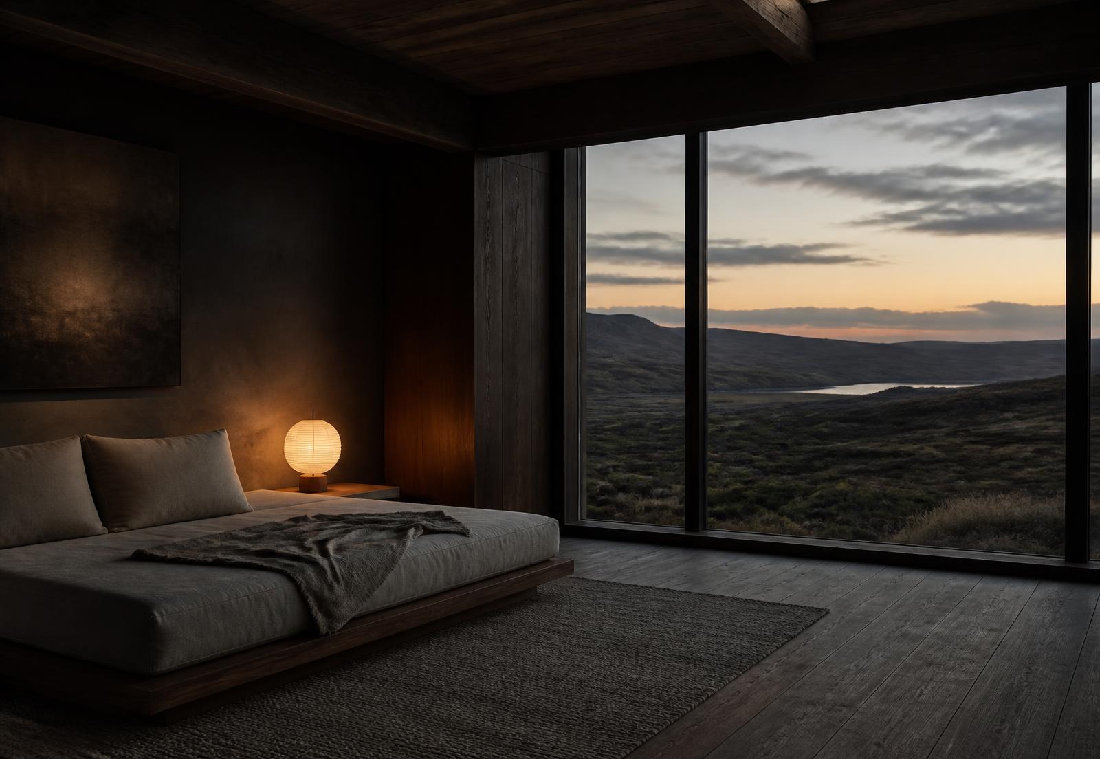 A quiet lodge room at dusk, one lamp lit, open to wild country